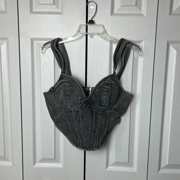Pretty Little Thing Washed Gray Dip Hem Bust Cup Denim Corset 6 - Picture 2 of 10